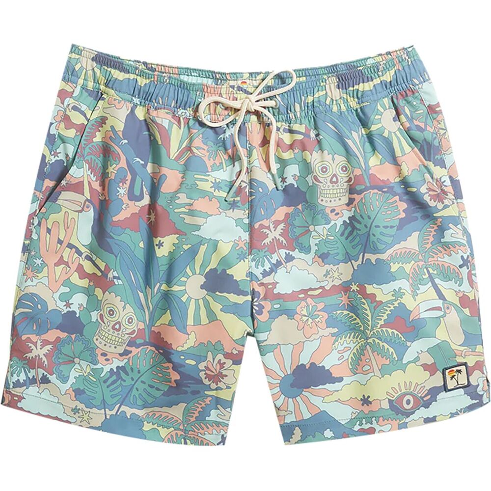 Marine Layer 4 Way Stretch Swim Trunk Teal Groovy Print 5.5"